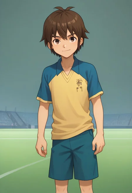 score_9, score_8_up, score_7_up, source_anime, highly detailed,
handa, 1boy, male focus, solo, brown hair, hair between eyes, brown eyes, sportwear, raimon, soccer uniform, raimon soccer uniform, shirt, raglan sleeves, blue shirt, yellow shirt, short sleeves, shorts, blue shorts, smile
outdoor,