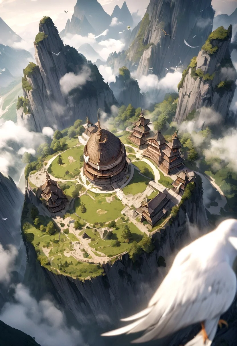 masterpiece, best quality, high detailed, fantasy landscape, from above, birds eye view, ancient, magical,1 girl, medium breast