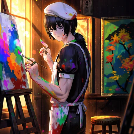 masterpiece, best quality, very awa, absurdres, amazing quality, solo,very aesthetic,absurdres, (wlop:0.6), (guweiz:0.3), (haku (muc12b):0.7),  canvas, art room, art school, bust, windows, golden_hour_lighting, stool, paintings, scenery BREAK 
1boy, 1man, male, yisang,  from side, white beret, stool,manly face, bags under eyes,painting,
black eyes, black hair,black pants,black shirt,blood on clothes,closed mouth,cowboy shot,puffy short sleeves,
low ponytail, male focus, paint on clothes, blood on face, holding paintbrush, puffy sleeves, ring on finger, focused expression, solo, teardrop facial mark, white apron, impasto, vignetting, looking at viewer,holding paintbrush,back of canvas,

dynamic light, vibrant colors, textured surfaces, depth of field, golden hour lighting, dramatic shadows, rich details, nature-inspired color palette, playful composition. dynamic light,background, luminescent colors,