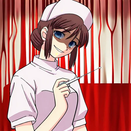 masterpiece, best quality, hospital room, blood splatters, blood smears, holding, holding needle, injection needle, looking at viewer, head tilt, shaded eyes, horror theme, looking down at viewer, looming over viewer, <lora:Tsukihime NXL:1>1girl,shirakawa_miho,blue eyes,brown hair,single hair bun,large breasts,nurse, blood smeared walls, blood smeared background, blood splattered background, bloody uniform, nurse_cap ,scary smile, glassy eyed smile, cheerful smile, bubbly pose, <lora:shirakawa_miho-illus:0.9>,solo