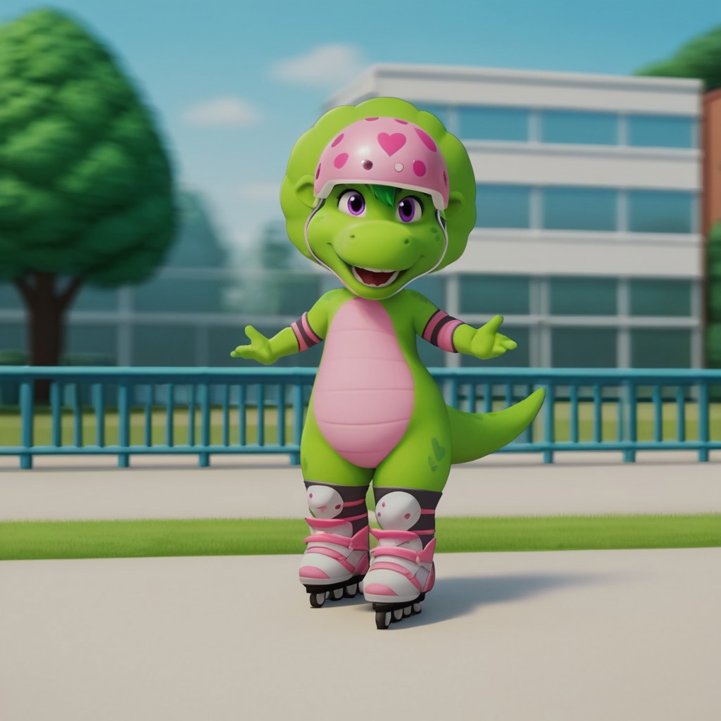 score_9, score_8_up, score_7_up, score_6_up, score_5_up, score_4_up, source_furry, bopbw, semi-anthro, female, dinosaur, green skin, green hair tuft, purple eyes, pink helmet, elbow pads, knee pads, roller skates, outside, skating,