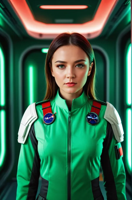 breathtaking female futuristic solider in green and grey uniform, standing in a room on a space station, (red lights), cinematic, high detail, masterpiece   <lora:S4ndr4_mm4:0.8> S4ndr4 . award-winning, professional, highly detailed