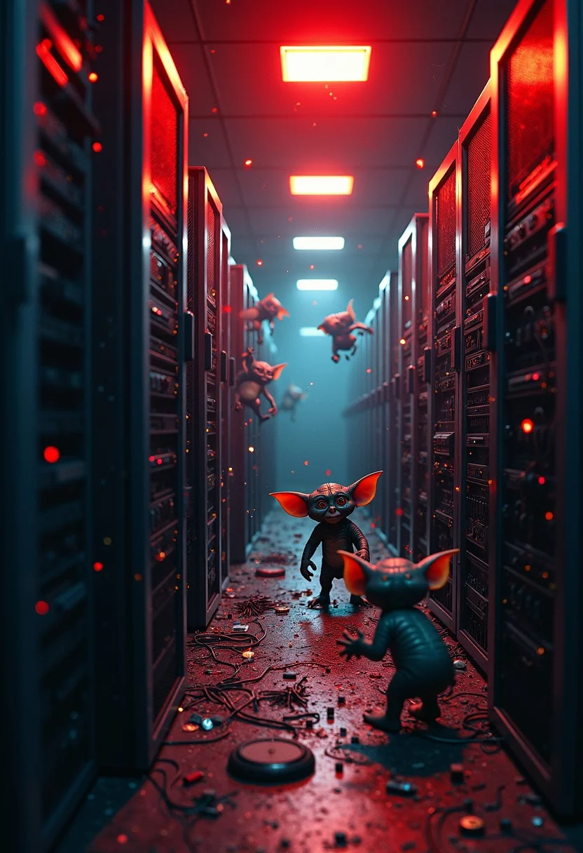 the location is a server room, open server cabinets are being attacked by a horde of tiny gremlins, they're eagerly pulling apart and throwing out hardware and tearing apart cabling, they're being generally destructive, sparks and hardware debris are flying everywhere, a flashing warning light on the ceiling covers the dark room in an eerie red glow