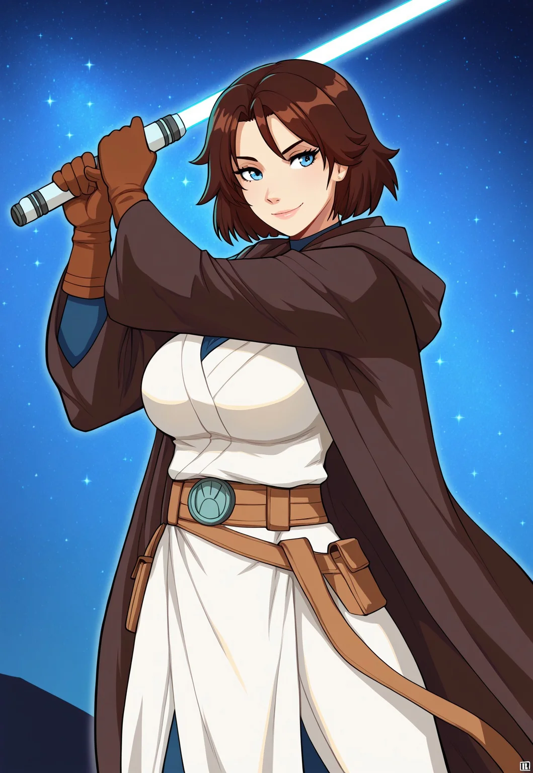 Masterpiece, Best Quality, (high resolution), HmagoStyle, 1girl, cowboy shot, (((meetra surik))), short hair, brown hair, blue eyes, large breasts, jedi robe, gloves, pose, gentle smile, starry background, wielding a cyan-blue lightsaber