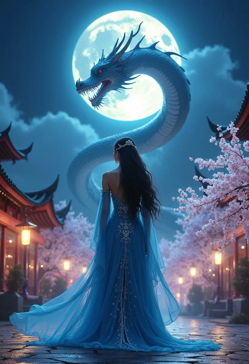 A serene night scene featuring a graceful woman in traditional Asian attire standing under the full moon. Her long, flowing blue robe is adorned with intricate silver embroidery, and she wears an elegant headpiece that complements her dark, flowing hair. The background showcases a majestic Eastern dragon, its body coiling around the scene, appearing powerful and mystical with shimmering scales that reflect the moonlight. Surrounding the dragon and the woman are traditional pagoda-style buildings, cherry blossom trees in full bloom, and softly glowing lanterns, creating a magical, dream-like atmosphere. The entire scene is bathed in a soft blue hue, with high contrast and vivid colors, capturing every delicate detail in a hyper-realistic style.
<lora:edgy_fashionista_flux_ntc_v2:0.65>,
<lora:bokeh_flux_ntc:0.65>,
<lora:detailed_flux_ntc:0.6> ,
<lora:fluxenhancer:0.25>,
