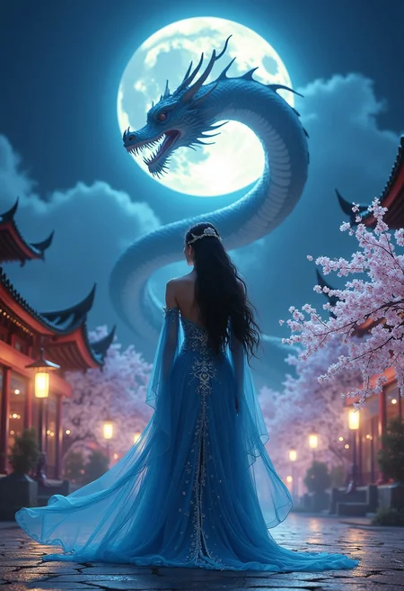 A serene night scene featuring a graceful woman in traditional Asian attire standing under the full moon. Her long, flowing blue robe is adorned with intricate silver embroidery, and she wears an elegant headpiece that complements her dark, flowing hair. The background showcases a majestic Eastern dragon, its body coiling around the scene, appearing powerful and mystical with shimmering scales that reflect the moonlight. Surrounding the dragon and the woman are traditional pagoda-style buildings, cherry blossom trees in full bloom, and softly glowing lanterns, creating a magical, dream-like atmosphere. The entire scene is bathed in a soft blue hue, with high contrast and vivid colors, capturing every delicate detail in a hyper-realistic style.
<lora:edgy_fashionista_flux_ntc_v2:0.65>,
<lora:bokeh_flux_ntc:0.65>,
<lora:detailed_flux_ntc:0.6> ,
<lora:fluxenhancer:0.25>,