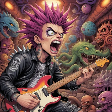 lsd-art, acid-art, trippy, , scenery, looking at viewer, Punk rocker baseball style head spiked hair playing in guitar screaming into microphone side profile shot whimsical underground art style