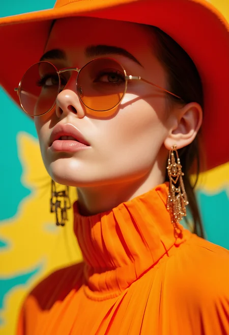 A close-up portrait of a young woman with light, smooth skin and a slender neck, wearing a vibrant, pleated orange blouse with a high collar that wraps around her neck. She has full, slightly parted lips with a natural pinkish tint. Her eyes are partially obscured by round, orange-tinted sunglasses with thin golden frames. The woman wears a wide-brimmed red hat that covers the top of her head and casts a soft shadow over her face. Her hair is tied back, with a few loose strands framing her face. She is wearing long, delicate earrings with intricate gold designs. The background is a bright, vibrant mix of turquoise and yellow, with abstract patterns that add a modern and artistic feel to the image. The overall atmosphere is stylish and fashion-forward, with a focus on bold colors and clean lines. The lighting is soft and even, enhancing the vivid colors and the smooth texture of her skin. The image is sharp and highly detailed, capturing the elegance and sophistication of the subject. <lora:FluxDFaeTasticDetails:0.8> <lora:aidmaImageUpgrader-FLUX-V0.1:0.33> detailmaximizer, <lora:Sinfully_Stylish_.02_for_FLUX-000002:0.6>