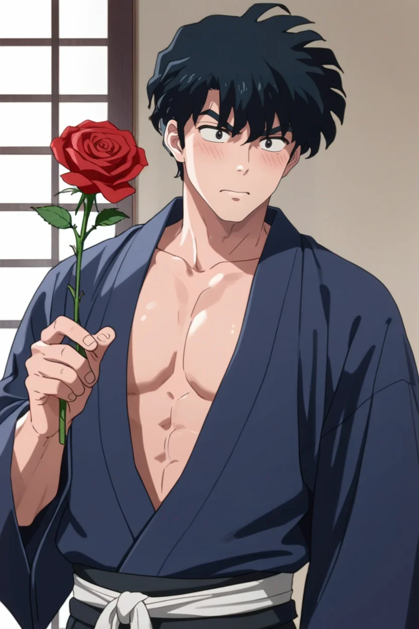 gay male, zPDXLxxx, source_anime, score_9, score_8_up, score_7_up, score_6_up, score_5_up, score_4_up <lora:Tatewaki_Kuno:0.7> 1boy, male focus, tatewaki_kuno, black hair, black eyes, thick eyebrows, japanese clothes, kimono, open clothes, large pectorals, holding red roses, blushing <lora:Expressive_H:1> startled expression, expressiveh