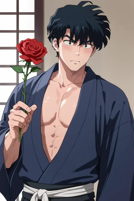 gay male, zPDXLxxx, source_anime, score_9, score_8_up, score_7_up, score_6_up, score_5_up, score_4_up <lora:Tatewaki_Kuno:0.7> 1boy, male focus, tatewaki_kuno, black hair, black eyes, thick eyebrows, japanese clothes, kimono, open clothes, large pectorals, holding red roses, blushing <lora:Expressive_H:1> startled expression, expressiveh