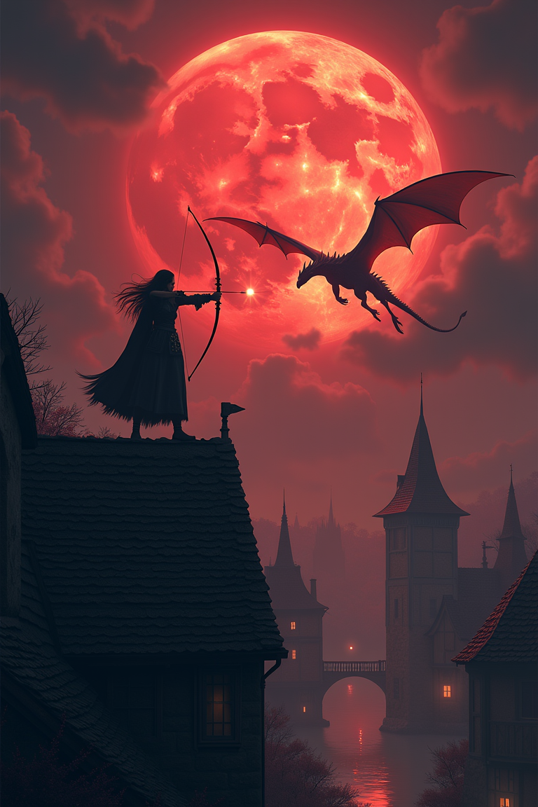 Under the eerie glow of a blood-red full moon, partially veiled by drifting clouds, a skilled elven archer stands atop the rooftop of a quaint medieval town. Her powerful, luminous bow radiates light as she takes aim at a menacing dragon soaring through the night sky. The scene captures the tension and epic scale of a looming battle, set against the richly detailed backdrop of a medieval era. The atmosphere is heightened with ultra-realistic details, sharpness, and vivid saturation, blending surreal fantasy with hyper-realism, creating an intense and unforgettable visual experience.