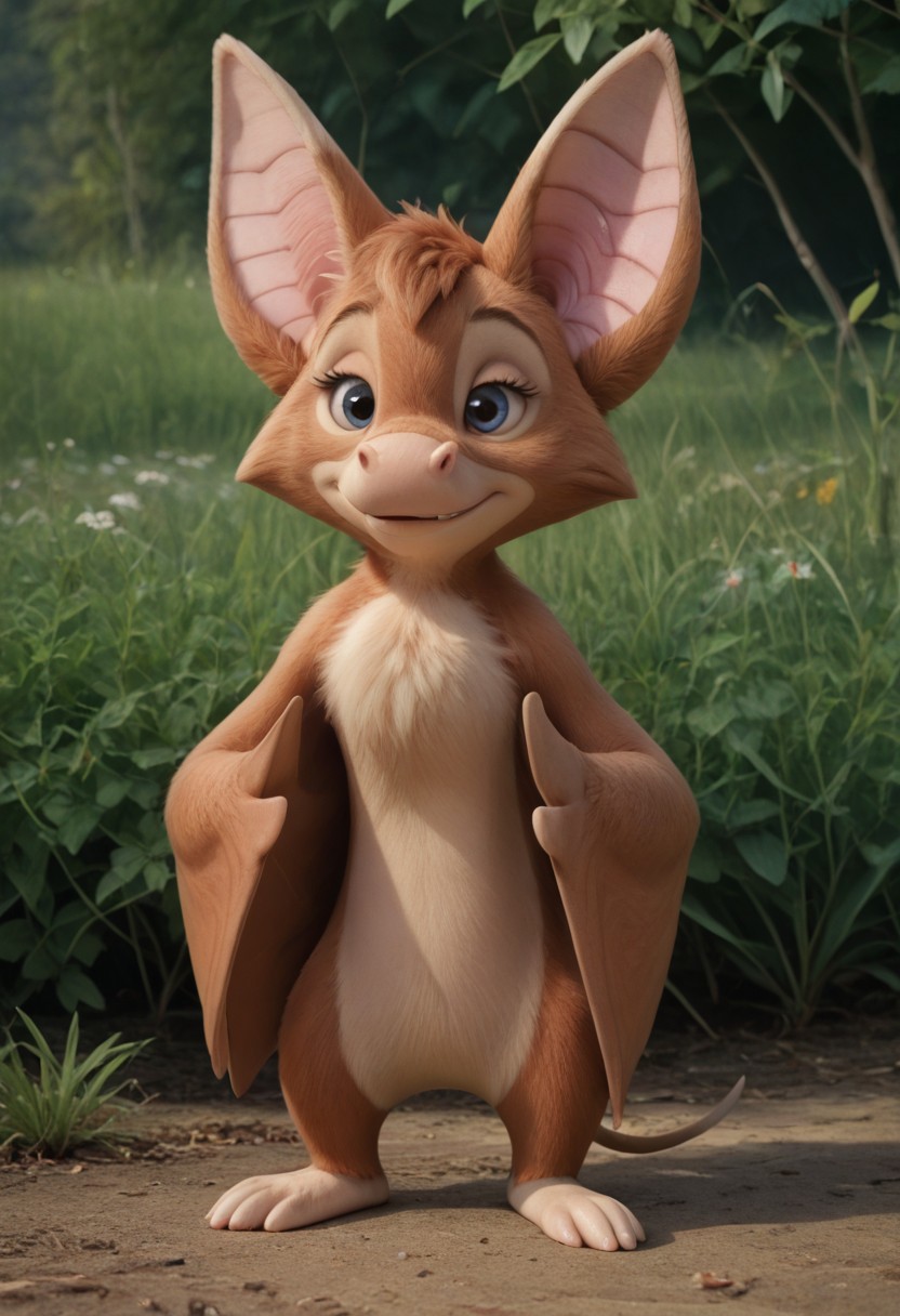 score_9_up, score_8_up, score_7_up, volume, 3d, painterly, realistic, ultra-detailed, great quality, high resolution, (((8k))), (sharp detailed:1,4) no smooth detailed. Background: trees, grass. Foxglove, bat, anthro, solo, full body view. closed mouth, cuteness, fluffy, detailed face, (very detailed face:1.4), detailed body, (very detailed body:1.4), detailed background, (very detailed background:1.4). Style: cartoon, Disney.