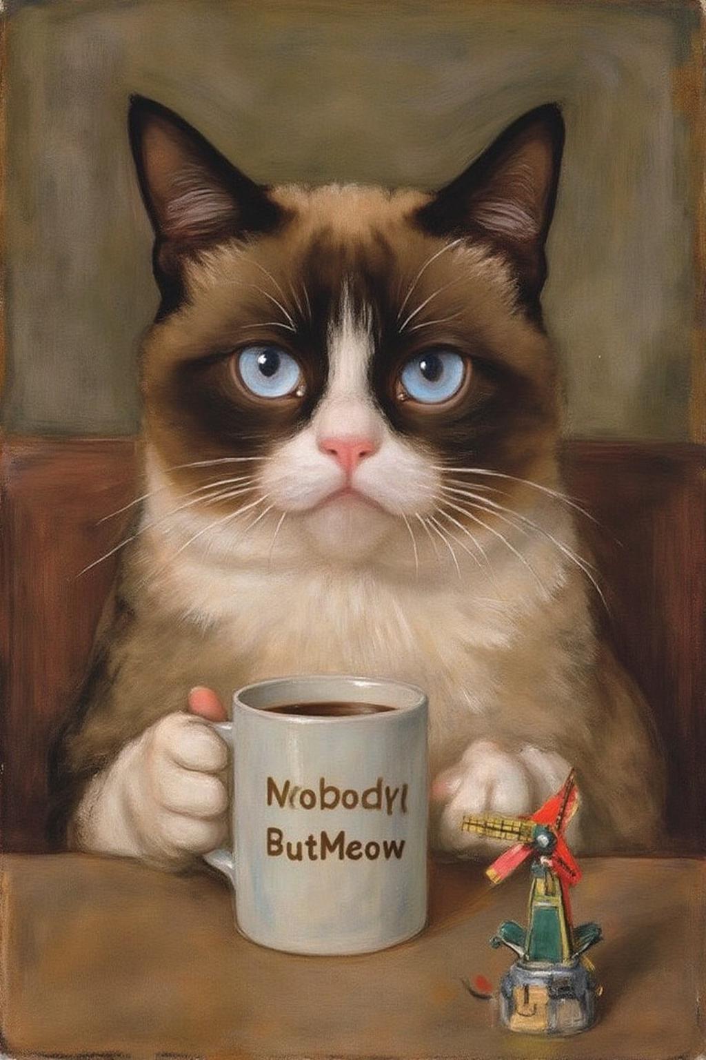 pietmondrian1 painting. 
Grumpy Cat holding a coffee mug, wearing a VR Headset. The mug has the phrase "NobodyButMeow" printed.  There is a toy windmill on the table. <lora:pietmondrian1_cap_d8a4e11:1.0><lora:860675245181303974:0>