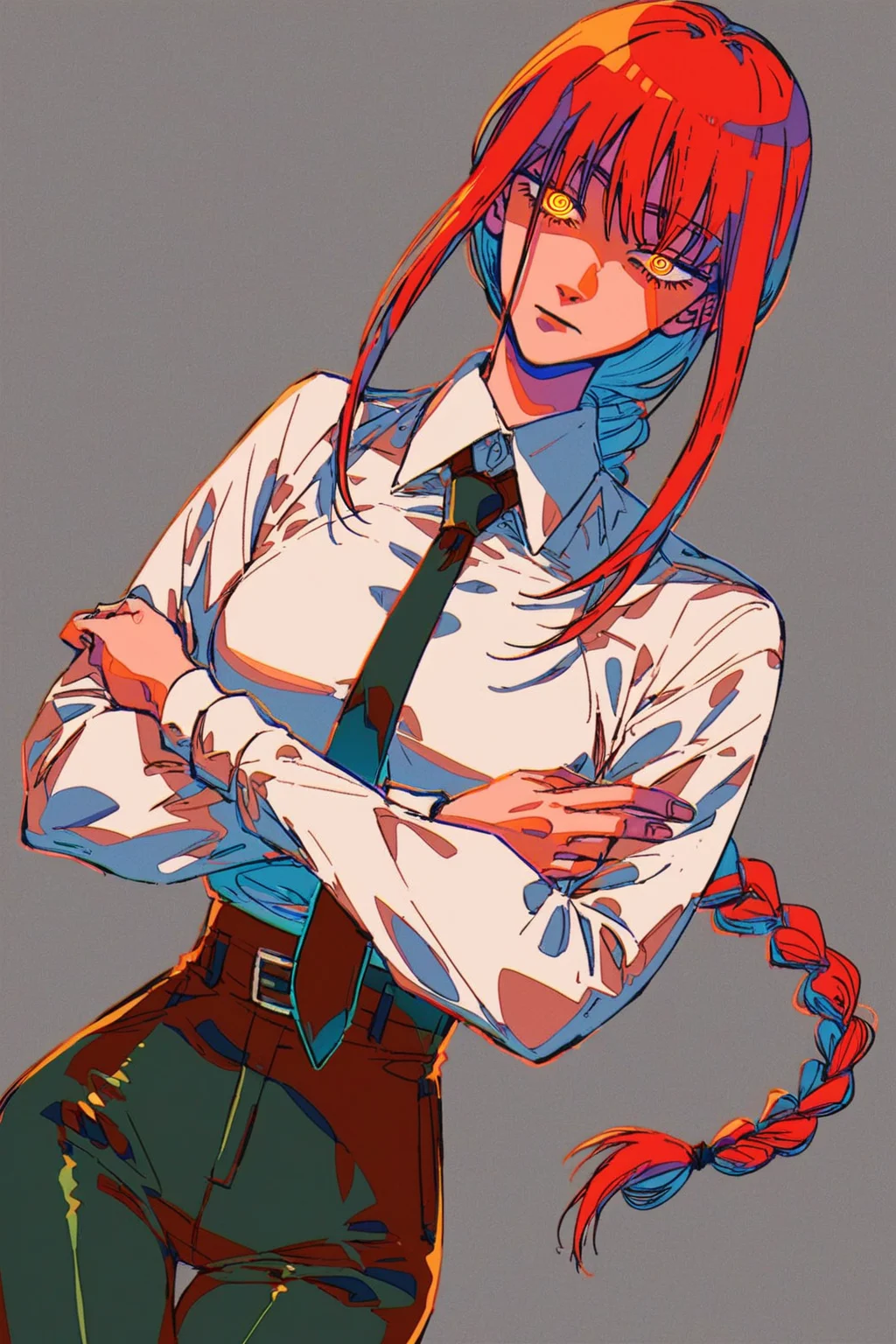 score_9, score_8_up, score_7_up, makima \(chainsaw man\), black necktie, black pants, braid, braided ponytail, collared shirt, high-waist pants, long hair, long sleeves, necktie, red hair, ringed eyes, shirt tucked in, tented shirt, yellow eyes, sidelocks, head tilt, solo, solo focus, cowboy shot, simple background, Sitting with legs stretched out and arms crossed over the chest, <lora:mizucx2:1>