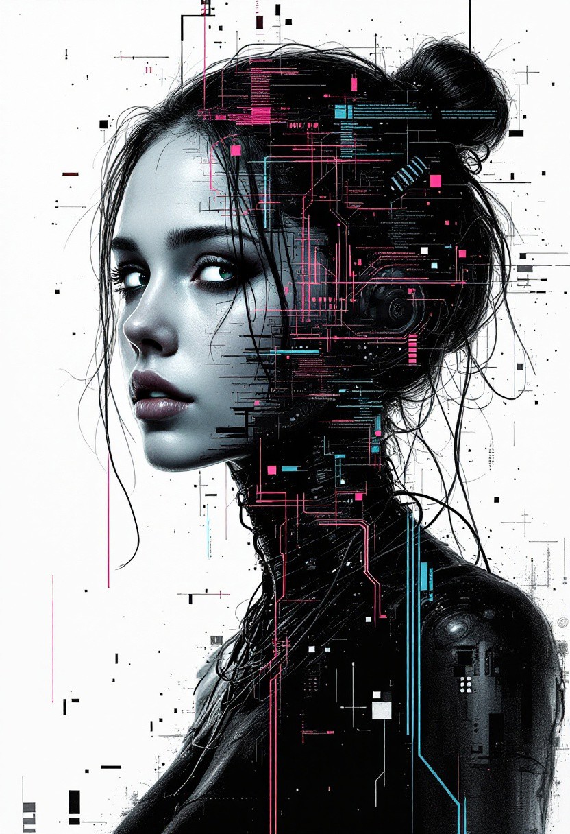 A haunting ink rendered glitch art poster featuring a young woman with cybernetic enhancements. Her silhouette fractured by digital distortion. Her form is split by double exposure: one side human, the other a mesh of wires and synthetic skin. Neon glitches pulse through her body, warping her features into eerie, fragmented distortions. The background flickers with corrupted data streams, casting jagged shadows. A chilling blend of organic and machine, her hollow eyes seem to glitch in and out of existence, leaving an unsettling sense of something wrong.