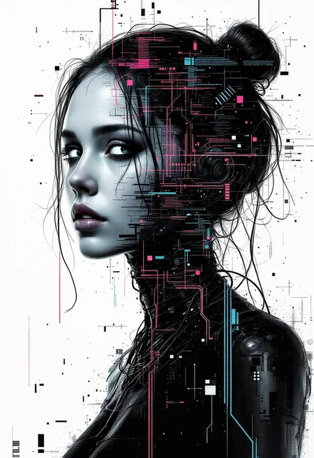 A haunting ink rendered glitch art poster featuring a young woman with cybernetic enhancements. Her silhouette fractured by digital distortion. Her form is split by double exposure: one side human, the other a mesh of wires and synthetic skin. Neon glitches pulse through her body, warping her features into eerie, fragmented distortions. The background flickers with corrupted data streams, casting jagged shadows. A chilling blend of organic and machine, her hollow eyes seem to glitch in and out of existence, leaving an unsettling sense of something wrong.
