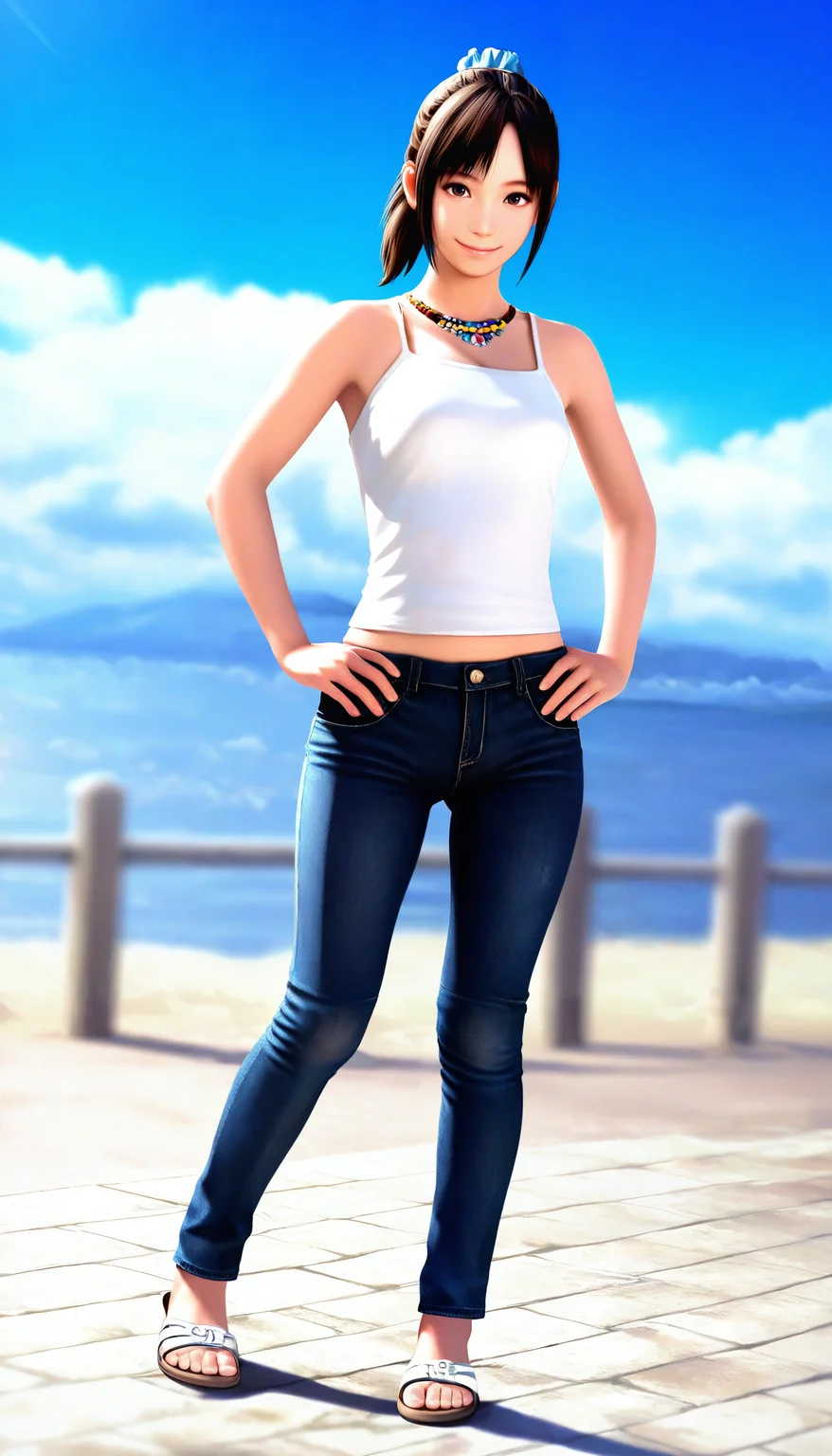 masterpiece,best quality,amazing quality,
<lora:miiyamotohikariNAI:1>,miiyamotohikari,realistic,
1girl,solo,black hair,bangs,ponytail,blue scrunchie,brown eyes,white camisole,jeans,necklace,sandals,standing,full body,smile,looking at viewer,hands on hips,sea,blue sky,cloud,hill,day,soft lighting,depth of field,