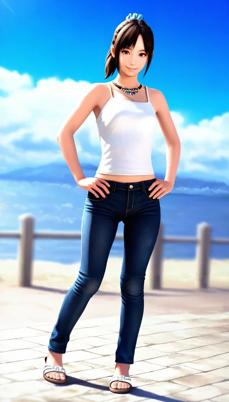 masterpiece,best quality,amazing quality,
<lora:miiyamotohikariNAI:1>,miiyamotohikari,realistic,
1girl,solo,black hair,bangs,ponytail,blue scrunchie,brown eyes,white camisole,jeans,necklace,sandals,standing,full body,smile,looking at viewer,hands on hips,sea,blue sky,cloud,hill,day,soft lighting,depth of field,