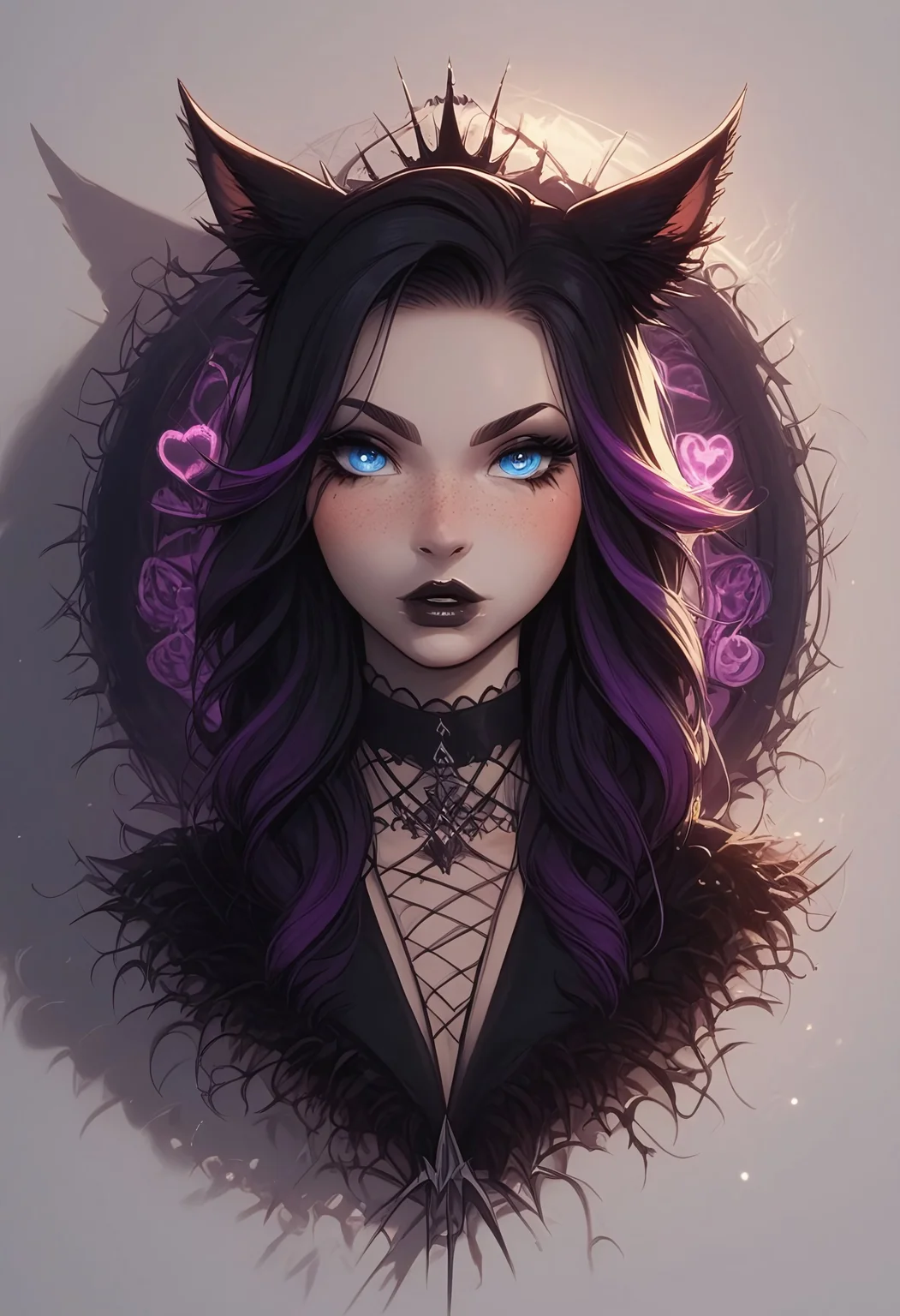 safe_pos, score_9,score_8_up,score_7_up,score_6_up, Goth girl 1girl, Goth girl, miqo'te, FemmeMiq, cat girl, cat ears, animal ears, animal ear fluff, ((woman with long black hair with purple highlights)), bangs, freckles, bold makeup, black lips, long eyelashes, eyeliner, ((large expressive blue eyes)), hourglass figure, medium breast, perky breast, perfect round ass, dark eyeliner, long eyelashes, dark pupils, high contrast shadows, high res image, masterpiece, dynamic shot, <lora:Expressive_H:0.65>, <lora:incase-ilff-v3-4:0.5> <lora:g0th1cPXL:0.45>, <lora:princess_pony_v1:0.1> <lora:Branwen_QBR:0.7>, high gradient eyes, eyesHD, dynamic pose, dynamic, detailed eyes, high definition eyes, amazing quality, wallpaper, looking at viewer, full body, goth clothes, choker, high shoes, fishnet, gothic castle, gothic scenery, tim burton scenery, twilight, 