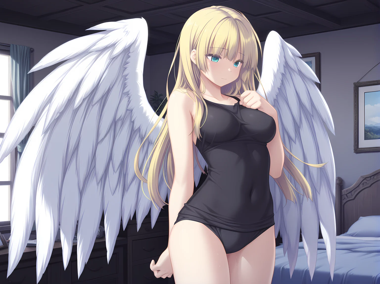 agnes,black innerwear,blonde hair,aqua eyes,standing,angel,wings,feathered wings,<lora:Agnes_-_Sankai_Ou_no_Yubiwa_Illustrious:1>,bedroom,cowboy shot,, masterpiece,best quality,amazing quality,