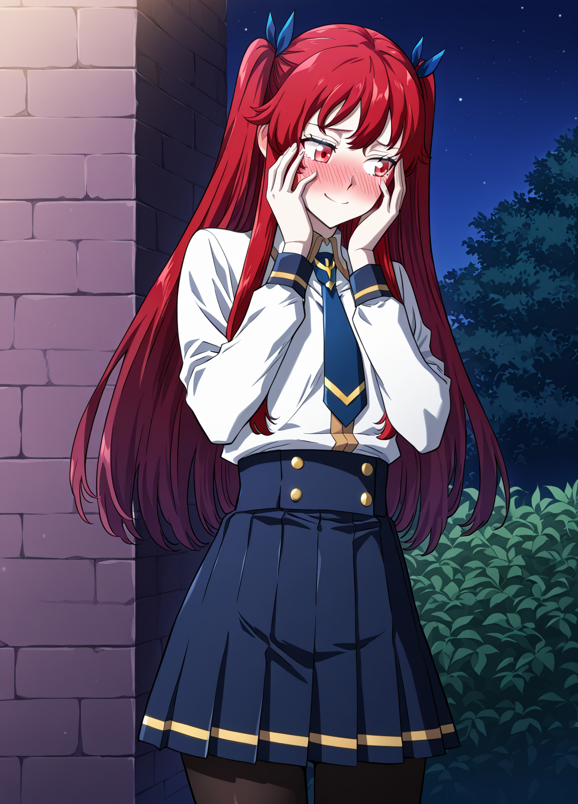<lora:Camus Morgue _ Revenge of the Iron-Blooded Sword Hound _ Illustrious_epoch_7:1>
Camus_Morgue_young, 1 girl, solo, round face, large red eyes, fair skin, petite build, small breats, long red hair, straight hair, twin ponytails, front bangs, slight purple gradient tips, 
white school uniform shirt, small gold-trimmed collar, high-waisted navy skirt, black tights, blue necktie, blue ribbon hair ties,  brown shoes
score_9, score_8_up, score_7_up, source anime, BREAK, cowboy shot, blushing, embarrassed, shy, looking away, hands near face, flustered, cute expression, smile, fidgeting, garden background, night