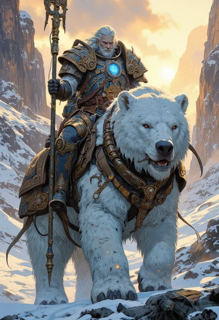 A majestic warrior , riding a massive armored white bear. The warrior has silver hair, a sharp gaze, and a battle-hardened expression. His ornate armor glows with blue magical runes, and the bear's armored plating is intricately decorated with ancient patterns. The background is a snowy fantasy landscape with soft golden sunlight filtering through the mist. Highly detailed, epic fantasy illustration, ultra-detailed,
