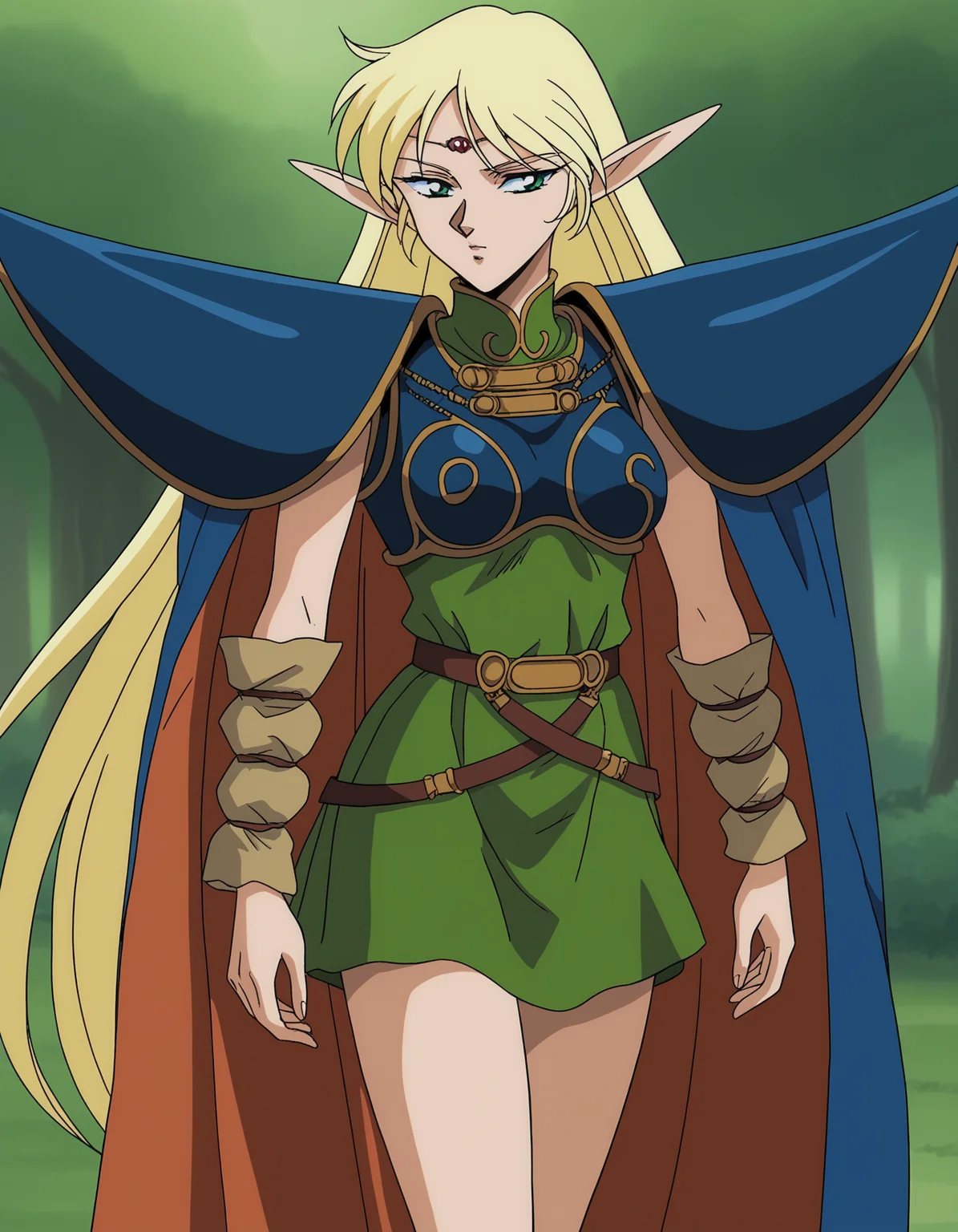 score_9, score_8_up, score_7_up, score_6_up, anime screencap, retro artstyle, 1990s \(style\), anime coloring, highly detailed, deedlit, blonde hair, very long hair, green eyes, elf, pointy ears, medium breasts, circlet, armor, shoulder armor, green dress, short dress, cape, <lora:Deedlit (3):0.8>