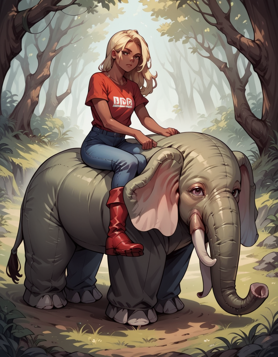 score_9, score_8_up, score_7_up, score_6_up, score_5_up, score_4_up, source_anime, best quality,  hud_inf_eleph, 1girl, long blonde hair, dark skin, shirt, pants, red boots, <lora:enflatableelephant:0.7>, riding inflatable elephant