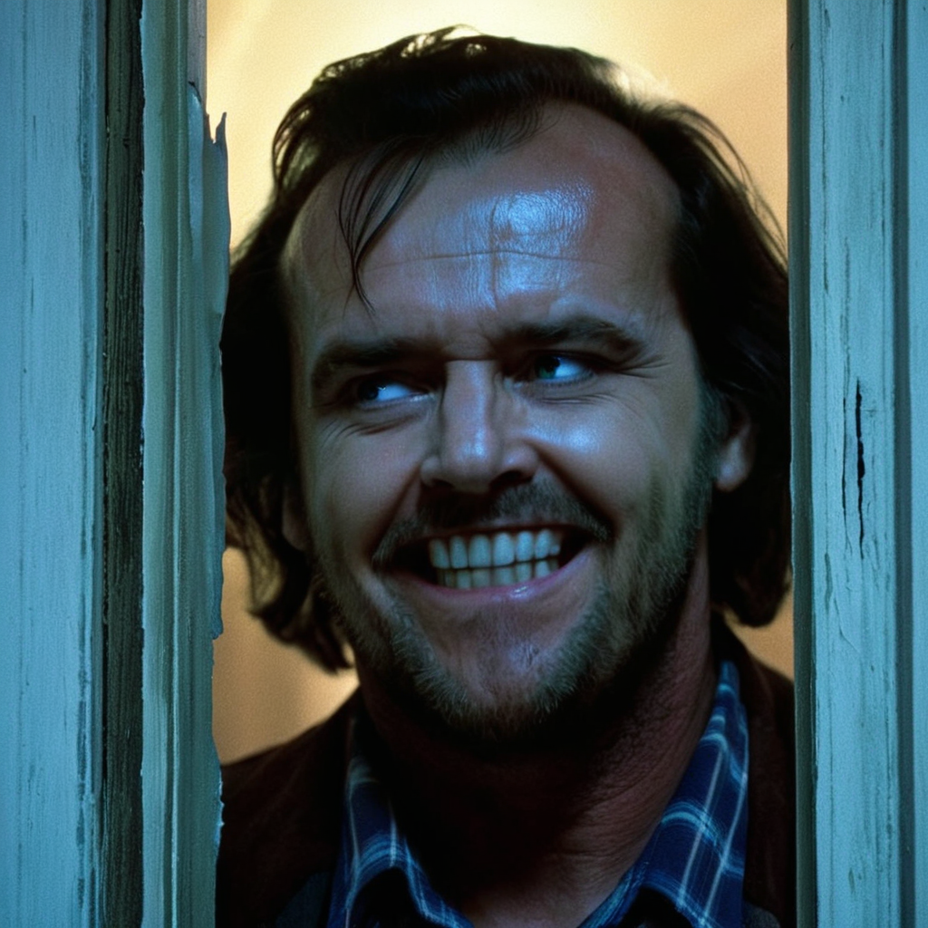 UHD, 4k, ultra detailed, cinematic, a photograph of  <lora:perfection style:0.5> <lora:detailed:0.5> perfection detailed
 <lora:The Shining film style:0.9>
 <lora:1980's style:0.4>
Jack Torrance In the 1980's in the Colorado Rocky Mountains a psycho laughing man with a beard and a creepy iconic smile on his face peaking out of a broken door,solo,looking at viewer,smile,open mouth,blue eyes,black hair,1boy,male focus,teeth,facial hair,thick eyebrows,portrait,beard,meme,realistic,mustache,horror (theme) , cinematic, film, kodak, The Shining film style, here's johnny style, epic, beautiful lighting, inpsiring
