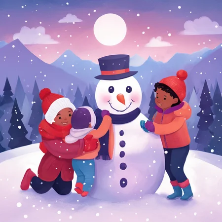 Winter Children's Book Illustration, Cool Color Palette, Snowman Family, Snowfall, Winter Wonderland Landscape, Twilight, Festive Mood,
,Kids Book, KidsRedmAF,
 <lora:StorybookRedmondV2-KidsBook-KidsRedmAF:1>