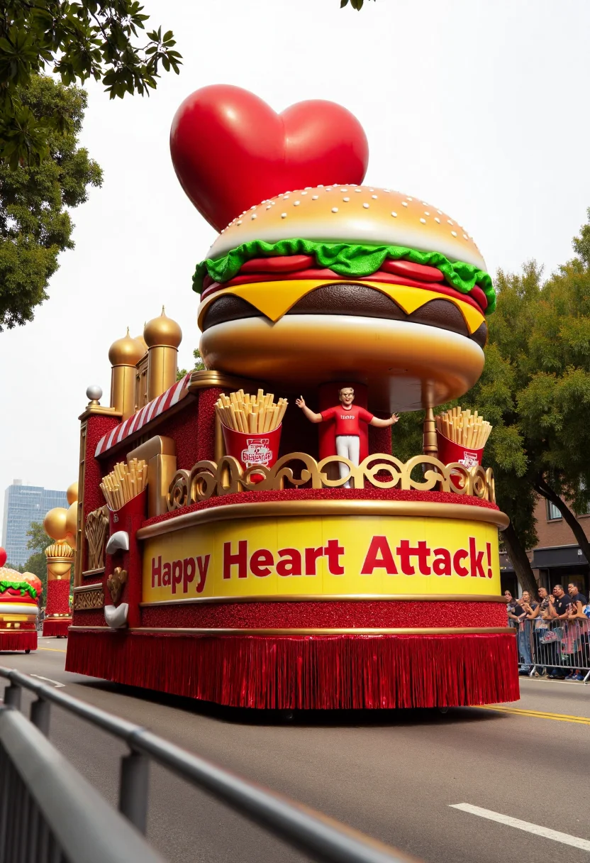 <lora:Parade_Float_Fashioner_FLUX-000005:0.9>
The image is a photograph capturing a vibrant, elaborate fast food themed parade float including banner with text "Happy Heart Attack!".
