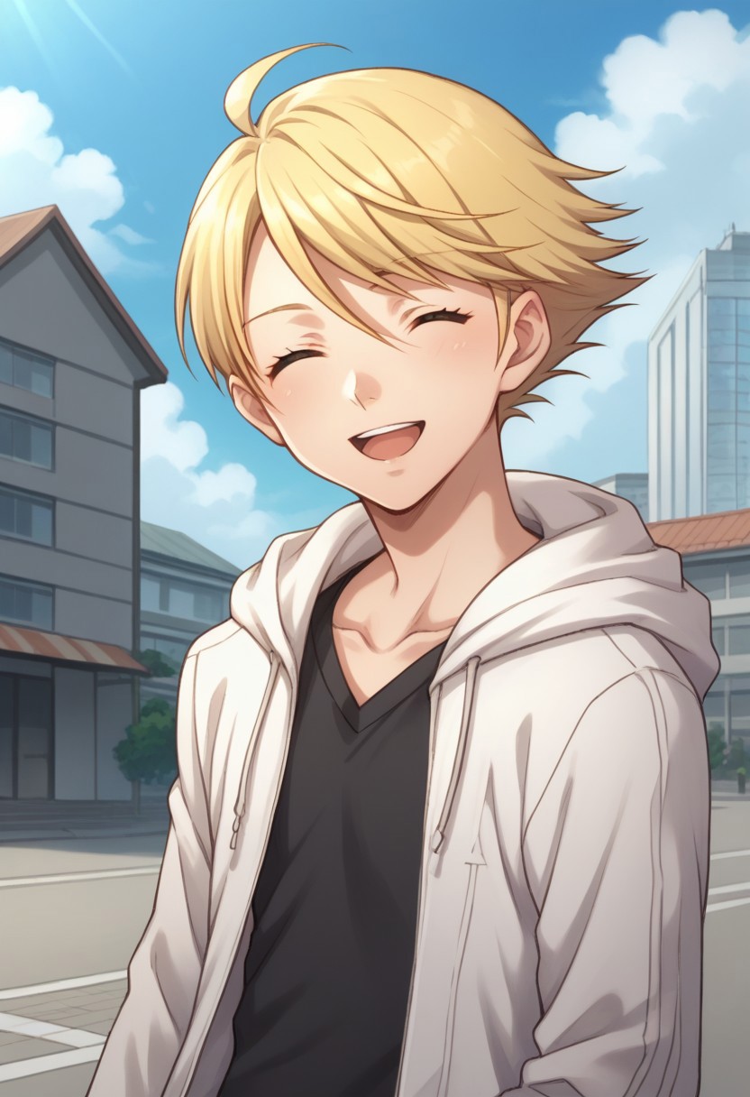 score_9, score_8_up, score_7_up, source_anime, highly detailed, 
teddie, solo, blonde hair, male focus, 1boy, hood, long sleeves, jacket, closed eyes, looking at viewer,
shirt, open clothes, hooded jacket, hood down, hoodie, open jacket, smile, upper body, open mouth, head tilt,
outdoor, sky, building, day, clouds,