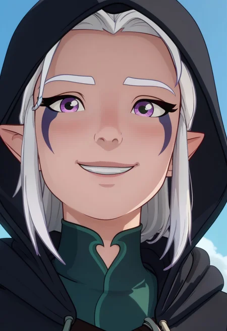 Score_9, Score_8, Score_7, TDPStyle, TeRay, Wearing Hood, Elf, Moonelf, White Hair, Purple Facial Marks, close up, looking down at viewer, smiling,