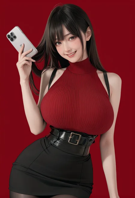 1girl,solo,red background,,ruanyi0892,belt,black pantyhose,high-waist skirt,sleeveless sweater,<lora:0892 Home wear_v1_pony:1>, score_9, score_8_up, score_7_up, score_6_up, score_9, score_8_up, score_7_up, score_6_up source_anime, blush, 1girl, seduce smile, perfect body , natural huge breasts
