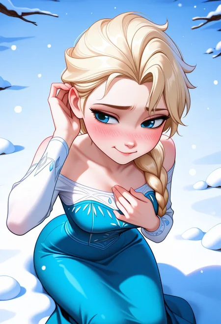 Great quality, great anatomy,
1girl, medium breasts, narrow waist, wide hips, (ElsaXL:1.1), blonde hair, blue eyes, single braid, hair over shoulder, blue dress, bare shoulders, long sleeves, long skirt,
Pouting, smiling, embarrassed , sad eyes, eyes half closed, look away, snow, dynamic pose, on knees, fidgety, shy pose, hand on chest, tucking viewer shirt, high angle, from above, side view.
<lora:ElsaXL_Character:0.7>
Viewer pov