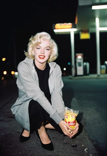 (candid:1.2) (snapshot:1.2) of Marylin Monroe wearing a grey zip-up hoodie over an elegant black dress sitting on the curb outside a gas station under cold and harsh fluorescent light late at night after a movie premiere (holding a bag of crisps:1.2), sitting on the ground, highly detailed face, natural skin texture, realistic skin texture, (skin pores:0.8), (skin oils:0.8), Perfect Hands, shallow depth of field, vignette, highly detailed, night time photography, dimly lit, film grain, (cross-processing:0.6), (lomography:0.6)