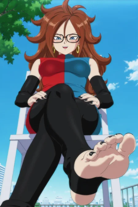 anime screencap, absurdres, high quality, 
android 21, human, official style, 1girl, solo, long hair, breasts, looking down at viewer, curly hair, brown hair, blue eyes, medium breasts, open mouth, smile, blush, glasses, black-framed eyewear, hoop earrings, short dress, checkered clothes, checkered dress, bare shoulders, detached sleeves, black sleeves, pantyhose, toeless legwear, toenails, toes, black nails, nail polish, sitting on chair, hands on thighs, foot focus, crossed legs, outdoors, balcony, cityscape, day, blue sky, tree, red and blue checkered dress, from below,
<lora:Android_21_IL:0.8>