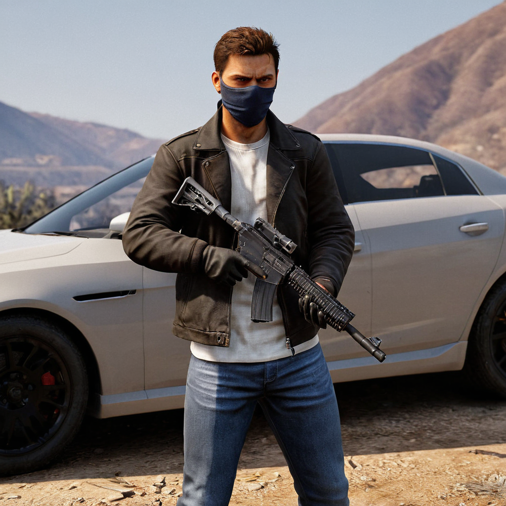 professional 3d model of  <lora:GTA style:0.7>
 <lora:Unreal Engine style:0.9> Unreal Engine style
 <lora:Hollywood Anamorphic format film style:0.2> Hollywood Anamorphic format film style
 <lora:add-detail-xl:0.3>
 <lora:perfection style:0.3> perfection style
 <lora:xl_more_art-full_v1:0.1>
 <lora:detailed:0.1>
 <lora:PerfectEyesXL:0.3>
A different perfect unique motion picture image of a man with a gun standing next to a car, action-adventure movie themed style, sharp, detailed, epic cinematic photorealism style, artistic creative style, dramatic cinematic light style, cinematic color style, Grand Theft Auto style, GTA style, solo, shirt, 1boy, holding, jacket, white shirt, weapon, male focus, outdoors, belt, pants, holding weapon, blurry, gun, looking to the side, mask, blurry background, denim, ground vehicle, holding gun, motor vehicle, rifle, hand in pocket, brown jacket, jeans, mouth mask, blue pants, car, assault rifle, vehicle focus, leather jacket, gloves, fingerless gloves, realistic, bandana, photo background, kalashnikov rifle
, octane render, highly detailed, volumetric, dramatic lighting