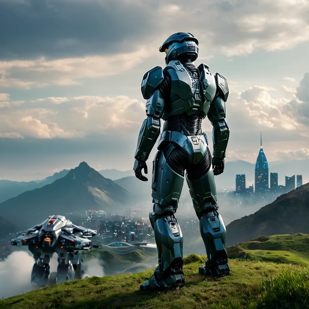 cinematic film still of <lora:add-detail-xl:1>0
<lora:detailed:0.3>
<lora:perfection style:0.3>
<lora:xl_more_art-full_v1:0.3>
<lora:halo style:0.9>
a man standing on a hill looking at a futuristic city,1boy,standing,outdoors,sky,day,cloud,blue sky,helmet,cloudy sky,grass,robot,scenery,mecha,science fiction,mountain,landscape , cinematic, filmic, dramatic light, sci fi, action themed, futuristic, halo style, shallow depth of field, vignette, highly detailed, high budget, bokeh, cinemascope, moody, epic, gorgeous, film grain, grainy