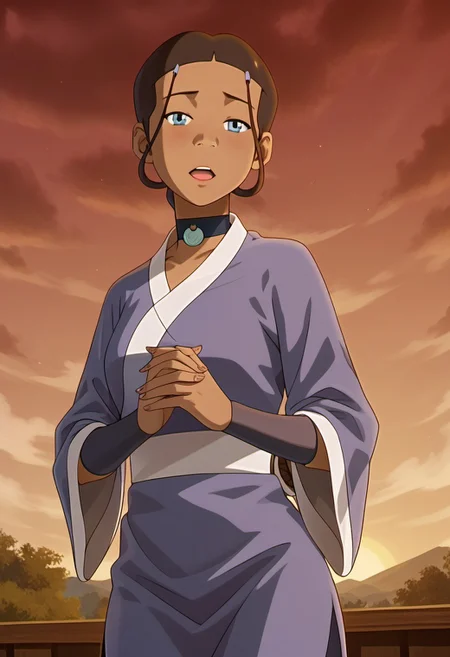 score_9, score_8_up, score_7_up, realistic, realism, HD, perfect quality, 16k, very detailed, realistic lighting, detailed face, BREAK, (((good_hands))), (((perfect eyes, bedroom eyes, (light smile:0.5)))), BREAK, solo, 1girl, (((Katara-BookWater, blue eyes, short hair, brown hair, hair ornament, dark skin, dark-skinned female))), eye_focus, ((medium breasts, big ass)), (bedroom eyes), looking at viewer, nervous, seductive, sensual, medium body size, slightly small neck, plumb body, voluptuous hips and thighs, curvy body size, microwaist, (feminine body, soft body:1.5), BREAK, dark skin, brown hair, dark-skinned female, cloud, sky, open mouth, choker, grey eyes, japanese clothes, hair ornament