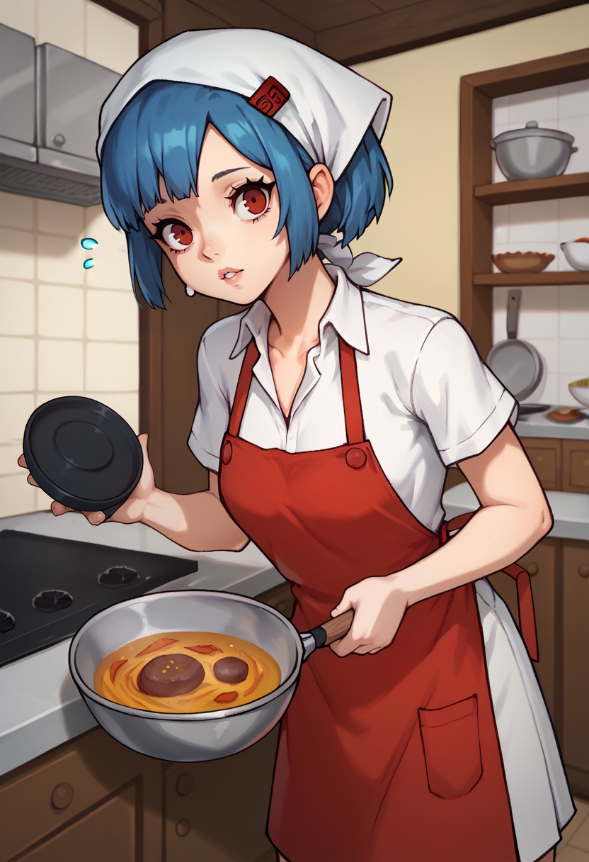 score_9, score_7_up, 1girl, cooking, looking at viewer, parted lips, flying sweatdrops, holding frying pan, beef bowl, <lora:zs_AikaXL:1> aikap4, short hair, blue hair, red eyes, head scarf, shirt, red apron, indoors, stainless steel