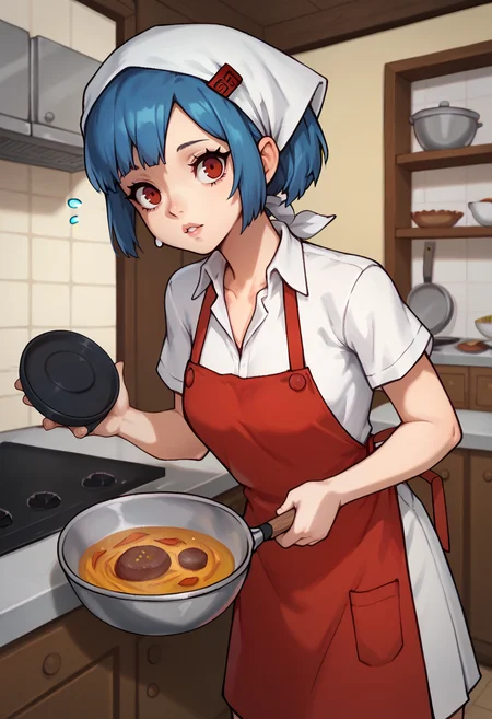 score_9, score_7_up, 1girl, cooking, looking at viewer, parted lips, flying sweatdrops, holding frying pan, beef bowl, <lora:zs_AikaXL:1> aikap4, short hair, blue hair, red eyes, head scarf, shirt, red apron, indoors, stainless steel