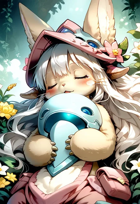 score_9, score_8_up, score_7_up, source_cartoon, 1girl, nanachi, \(made in abyss\)/,(ultra HD quality details), green eyes, white hair, furry, animal ears, tail, sidelocks, solo, adorable nanachi, sleeping on a flower, sleeping, (tiny size, sleeping:1.2), blushing, moaning, (puffy pants, helmet, long hair, ears through headwear:1.1), colorful detailed flower background, (detailed image, high resolution, 5k resolution:1.0), Expressiveh,