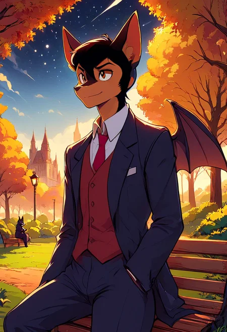 score_9, score_8_up, score_7_up, score_6_up, score_5_up
Male, 20 years old, twink, furry, anthro, furry character, one male, bat, furry bat, black fur, fluffy bat ears, bat wings sitting from his shoulders, dress pants, dress shirt, park background, at night, dark Academia,