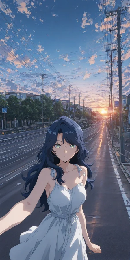 re4lity_sync_illu,<lora:re4lity:1>,1girl,solo,selfie,outdoors,scenery,sky,road,cloud,solo,1girl,power lines,sunset,sign,looking looking at viewer,anime screencap
foreshortening,incredibly absurdres,masterpiece,absurdres,high quality,
<lora:yuezi:1>,yuezi,long hair,blue hair,green eyes,white dress,