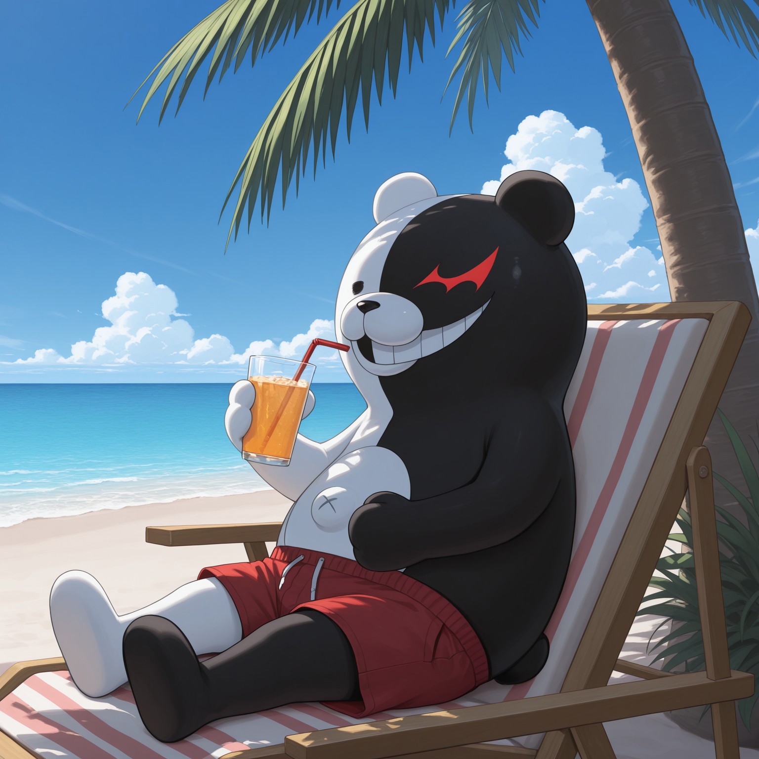 Monokuma, Bear, 2d, solo, 1boy, male, bear, genetic chimerism, white skin, black skin, two tone skin, split color skin, black eye, red eye, no sclera, heterochromia, outie navel, evil grin, teeth, black nose, 

BREAK best quality, amazing quality, very aesthetic, absurdres, newest, masterpiece, outside, outdoors, side view, holding drink, relaxing, sitting, on beach chair, sunny day, beach, ocean in background, palm trees, red swimming trunks, 