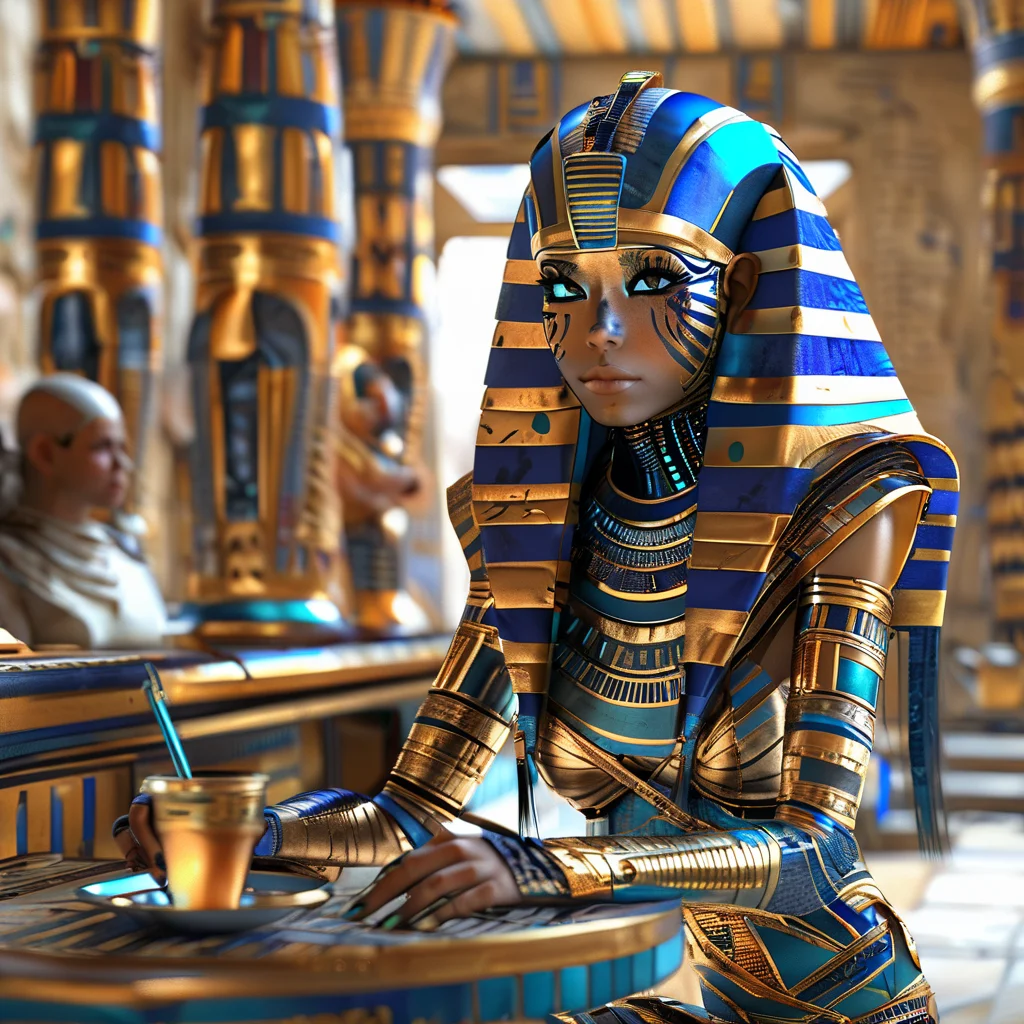pharaotech girl in a cafe<lora:pharaotech:1>