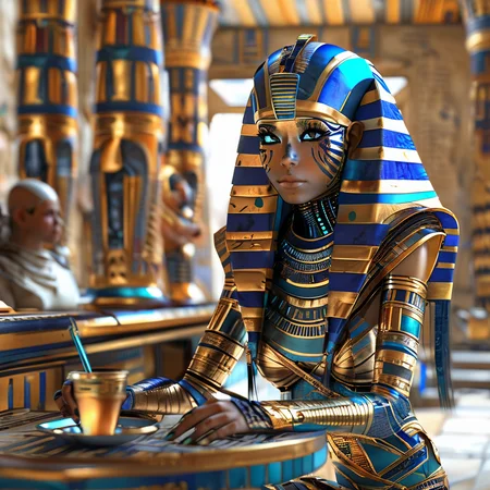 pharaotech girl in a cafe<lora:pharaotech:1>