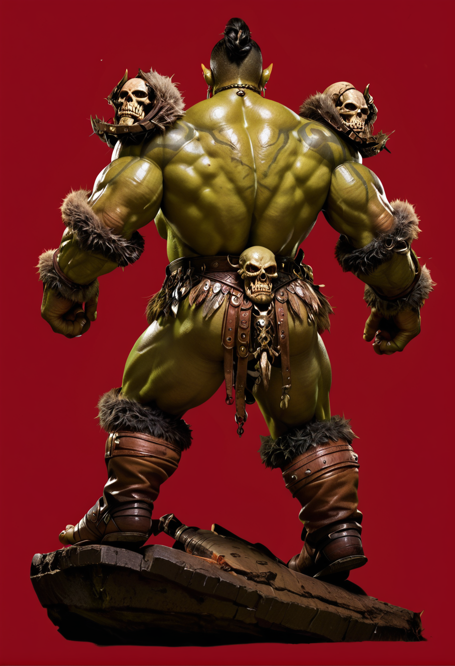 red background,,ruanyi0781,orc,monster boy,green skin,beard,full body,no humans,skull,from behind,<lora:0781 Grommash Hellscream_v1_pony:1>, score_9,score_8_up,score_7_up,,8k,1girl,solo,,
