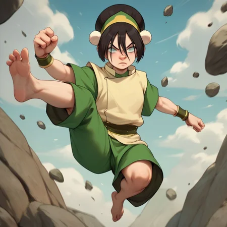score_9, score_8_up, score_7_up, score_6_up, score_5_up, score_4_up, rating_explicit, 1girl, Toph, blind, fighting stance, surrounded by floating rocks, flying rocks, barefoot, rocky terrain